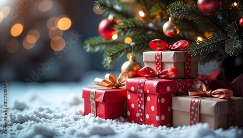 Colorful Christmas presents lying in the snow at the foot of a decorated tree. Merry Christmas, holidays festive atmosphere.