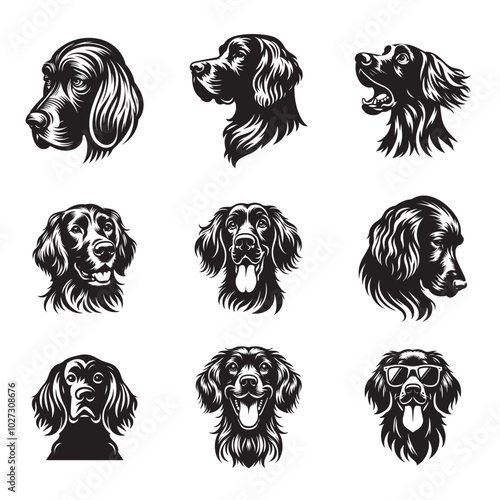 Collection of Irish Setter Dog Face vector illustration - Irish Setter Dog clipart Design in black and white