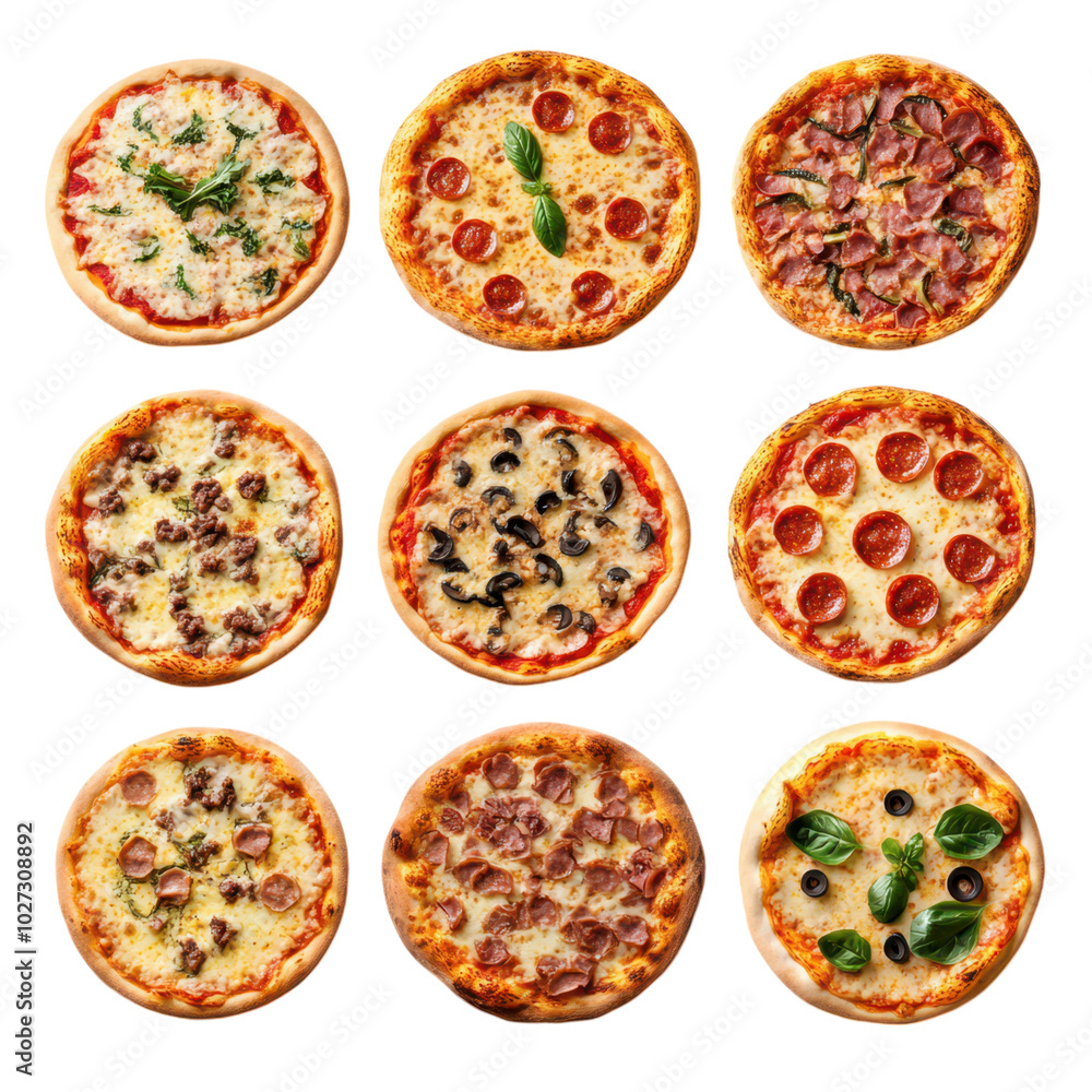 A top view collection of assorted pizzas with vibrant toppings on a rustic wooden table for a delicious feast. A top view collection of assorted pizzas with vibrant toppings on a rustic wooden table for a delicious feast.
