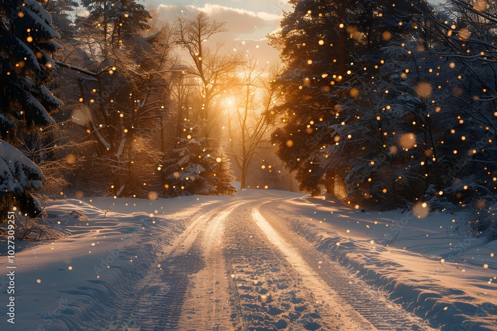 Winter Wonderland Pathway with Sparkling Snowflakes and Sunlit Forest Winter Wonderland Pathway with Sparkling Snowflakes and Sunlit Forest