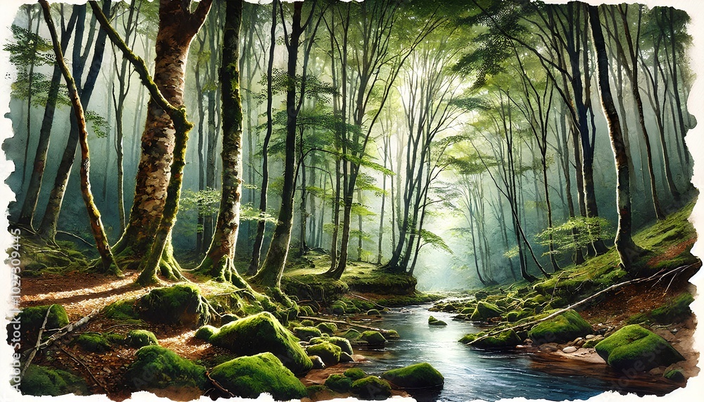 Fototapeta premium A watercolor painting of the Hyrcanian Forests, showcasing dense woodlands, soft sunlight, and a gently flowing river.