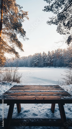 Aesthetics of winter lake surrounded by snowy trees, wooden table for product placement. Generative AI