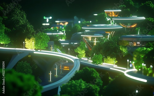 Tilted angle view, futuristic cityscape blending nature and tech, vibrant eco-friendly lights illuminating greenery photo