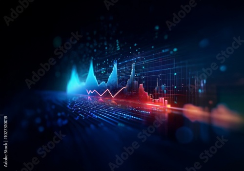 A futuristic abstract background with glowing blue and red lines forming a graph on a dark digital grid.