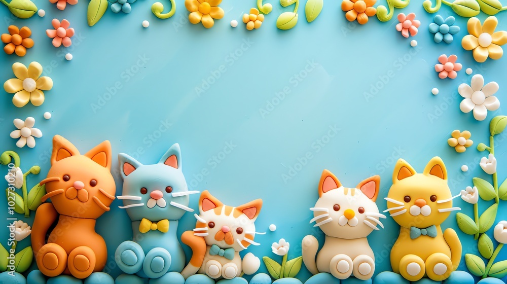 Naklejka premium Five cats made of colorful fondant with a floral border on a blue background.