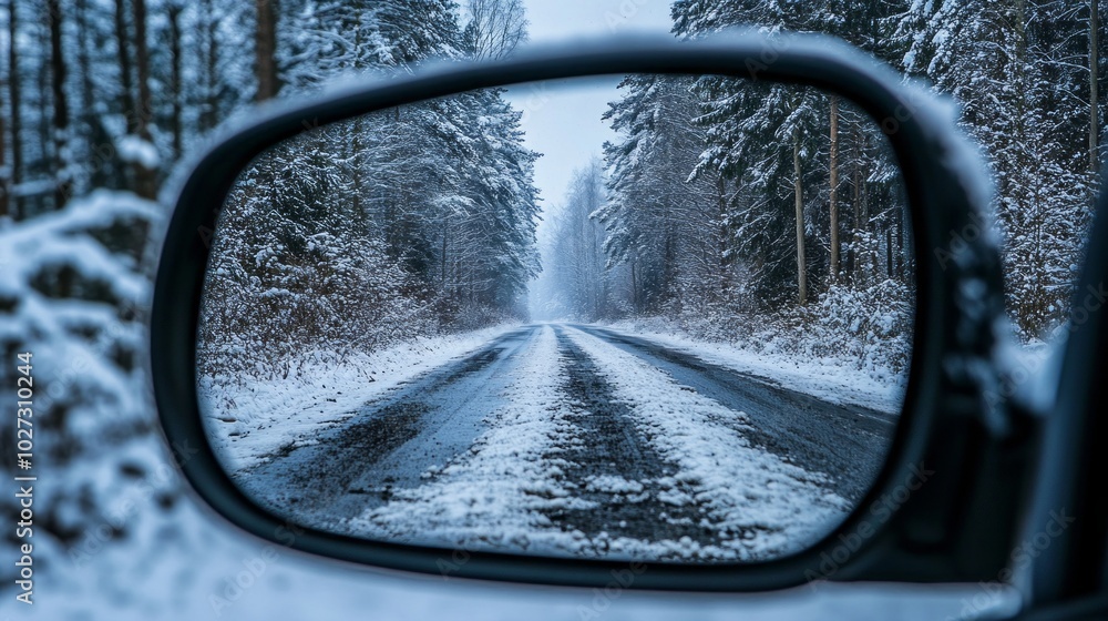 A mirror reflection of a snowy road with trees in the background A mirror reflection of a snowy road with trees in the background