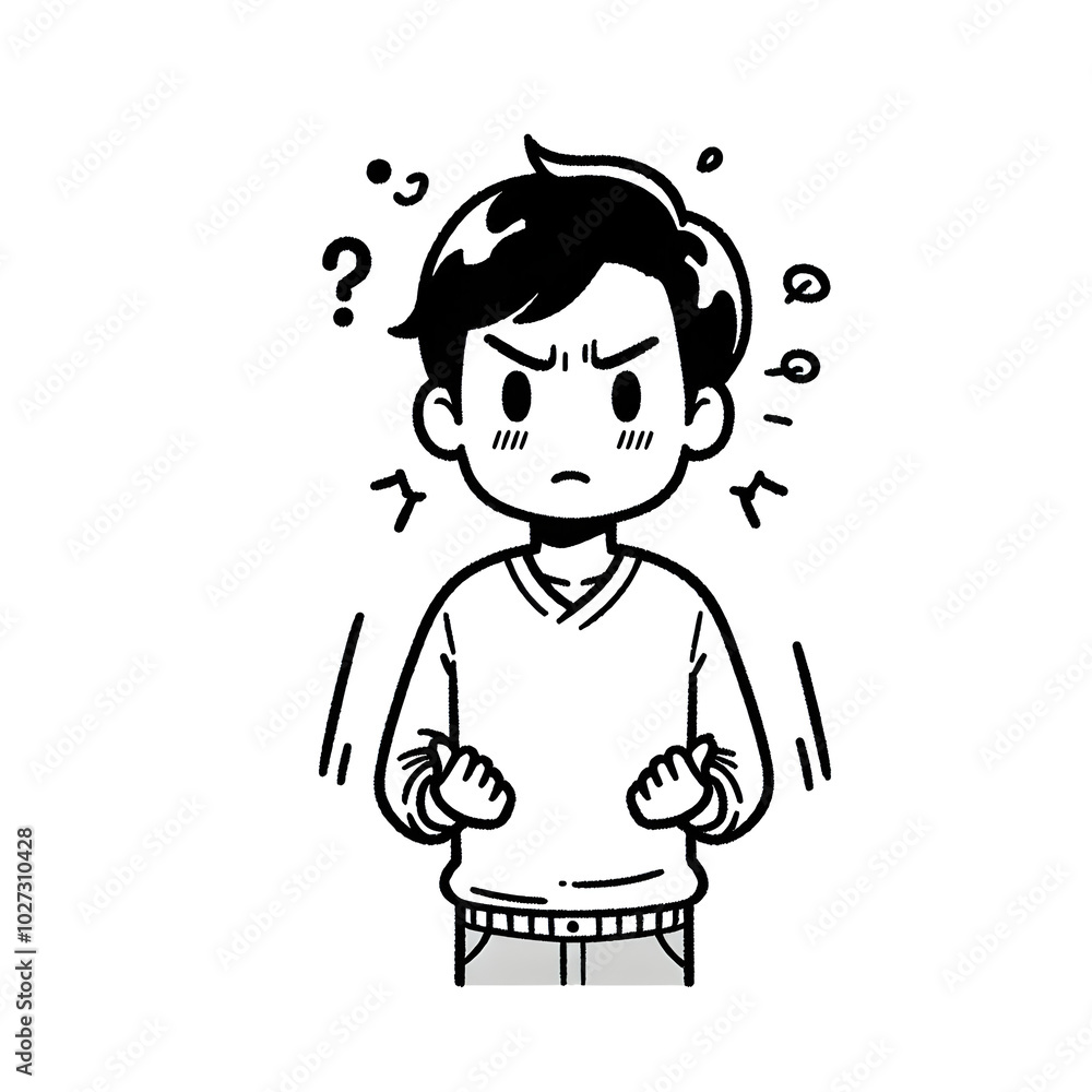 Illustration of a perplexed young man with question marks floating around his head, in a cartoon style Illustration of a perplexed young man with question marks floating around his head, in a cartoon style