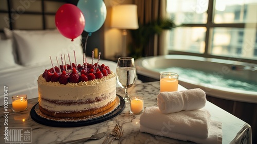 Luxurious spa room beautifully decorated for a birthday celebration with colorful balloons, a cake, and a calming jacuzzi in the background