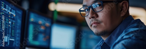 A determined man in glasses intently staring at computer monitors filled with data, representing technology, focus, and dedication in a modern workspace. photo