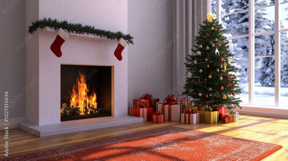 Christmas Fireplace with Decorated Tree and Gifts. Christmas Fireplace with Decorated Tree and Gifts.