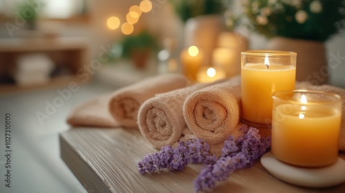 Relaxing spa party setting with candles, towels, herbal tea, and soothing decor in warm natural light