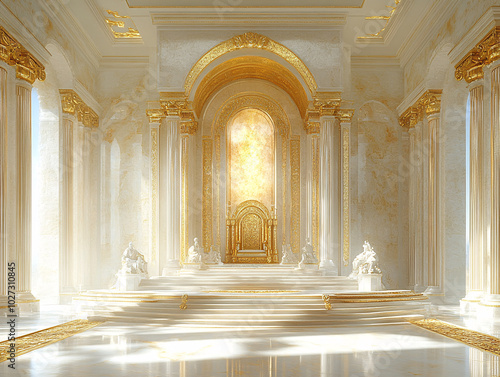 a luxurious room, featuring a large, ornate throne with a red cushion and gold trim. The room is filled with white marble columns and arches, and is illuminated by sunlight streaming in through the wi