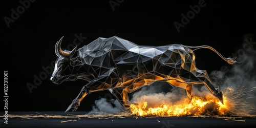 A bold and energetic bull leaps forward, made of intricate polygons and flames. This dynamic digital artwork represents strength and power in a modern style. Captivating and unique. AI photo