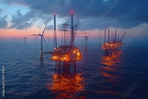 Offshore Wind Turbines and Oil Rigs at Sunset for Renewable Energy and Industry photo