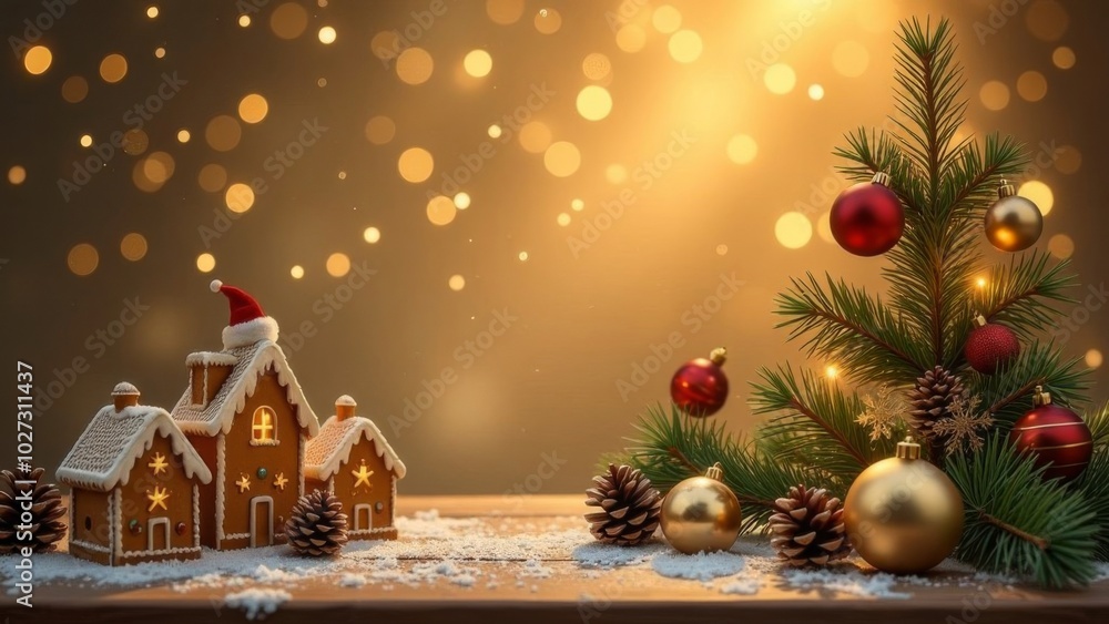 Christmas card on a gold background of fir branches,Christmas balls,gingerbread houses, Santa and teddy bears on a gold background. Sparkling bokeh. Free space for text Christmas card on a gold background of fir branches,Christmas balls,gingerbread houses, Santa and teddy bears on a gold background. Sparkling bokeh. Free space for text
