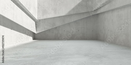 Abstract empty, modern concrete courtyard room with polygonal offset stepped walls and rough floor - industrial interior background template