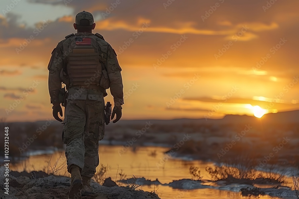 Solitary Soldier Walking at Sunset Near Scenic River Landscape Solitary Soldier Walking at Sunset Near Scenic River Landscape
