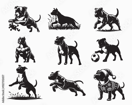 Collection of Staffy Dog vector illustration - Staffy Dog Different Activities Clipart Design
