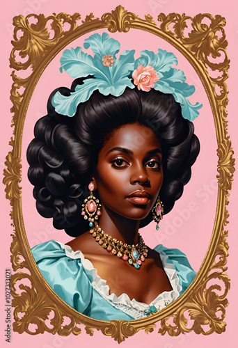 Royal woman complex headdress confident look ornate gold frame