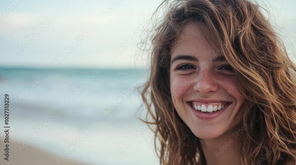Close up of a smiling woman with wavy hair at the seaside, minimal background with copy space focusing on her expression. Close up of a smiling woman with wavy hair at the seaside, minimal background with copy space focusing on her expression.