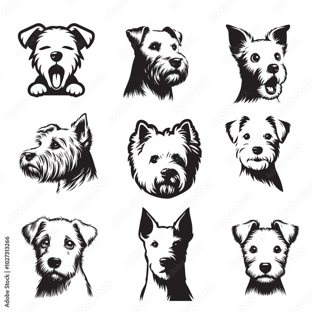 Obraz premium Collection of Westie Dog Face vector illustration - Westie Dog clipart Design in black and white