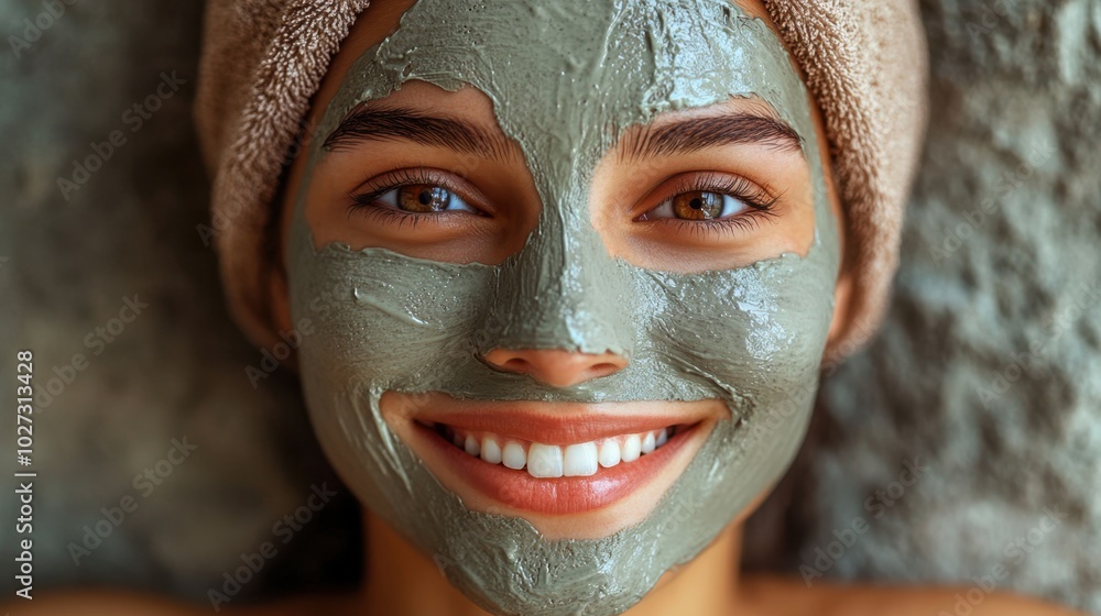 A close up of a smiling young woman with a clay mask on her face laying in spa, facial treatment, fine and delicate cracks, surrounded by all components A close up of a smiling young woman with a clay mask on her face laying in spa, facial treatment, fine and delicate cracks, surrounded by all components