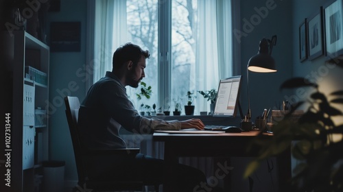 Side profile of a man at his home office, working at his desk, clean and minimalistic image.