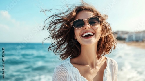 Happy woman with wavy hair enjoying time by the seaside, clean and minimalistic image with ample copy space.
