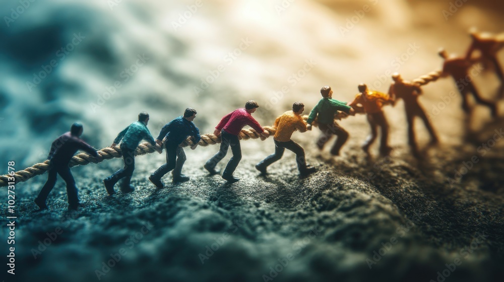 Fototapeta premium Close-up of miniature figurines pulling a rope together in a team competition, symbolizing teamwork and collective effort.