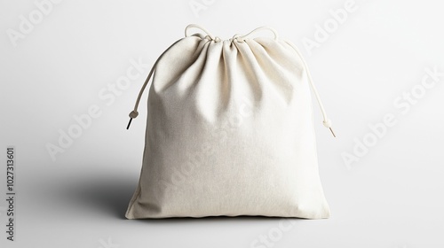 Obraz na płótnie Plain cotton drawstring bag with minimalist design on white background, showcasing simple reusable fabric packaging or storage solution. w salonie