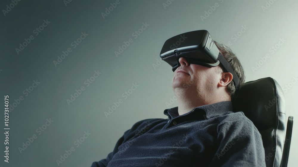 Portrait of a man with a disability using VR technology, minimal background focusing on the experience. Portrait of a man with a disability using VR technology, minimal background focusing on the experience.