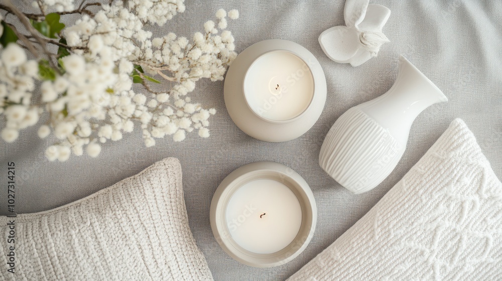White Candles, Vase, and Pillow on Textured Fabric White Candles, Vase, and Pillow on Textured Fabric