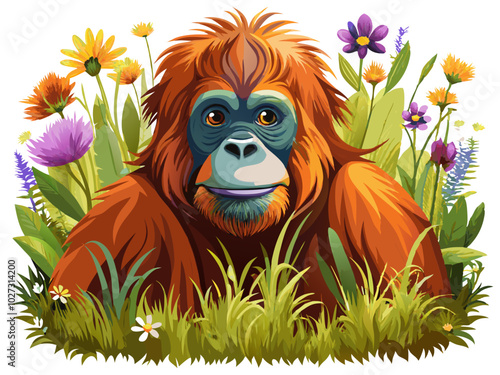 orangutan with flowers, orangutan illustration vector,  Sumatran orangutan vector art isolated on white