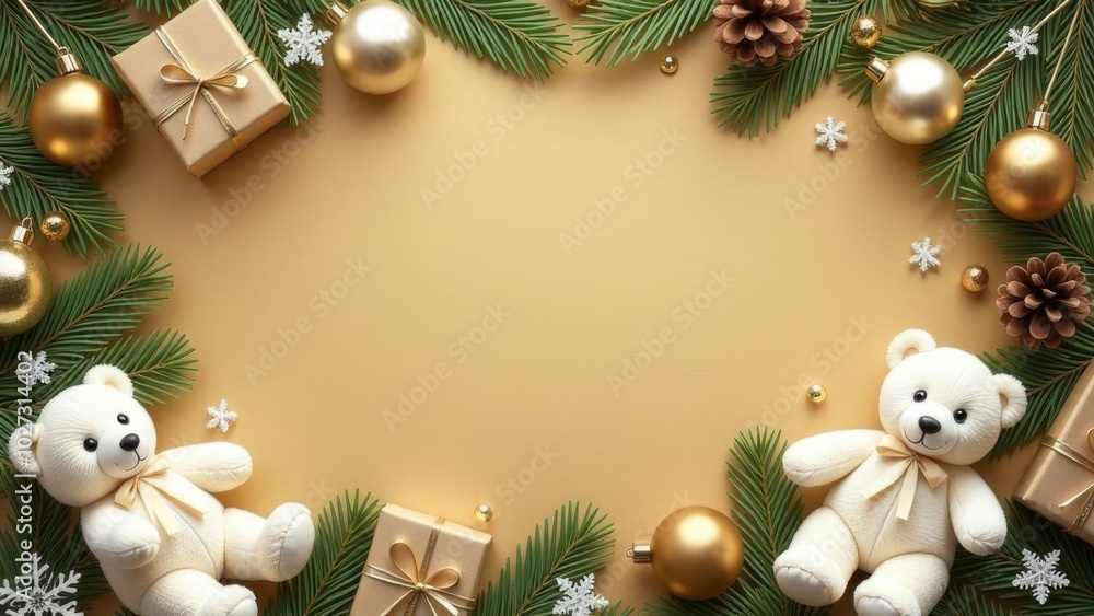 Christmas card on a gold background of fir branches,Christmas balls,gingerbread houses, Santa and teddy bears on a gold background. Sparkling bokeh. Free space for text Christmas card on a gold background of fir branches,Christmas balls,gingerbread houses, Santa and teddy bears on a gold background. Sparkling bokeh. Free space for text