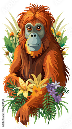 orangutan with flowers, orangutan vector,  Sumatran orangutan vector art isolated on white