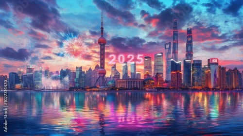 Shanghai Skyline with Fireworks and 2025 New Year's Celebration