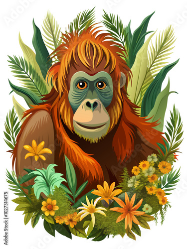 orangutan with flowers, orangutan illustration vector,  Sumatran orangutan vector art isolated on white