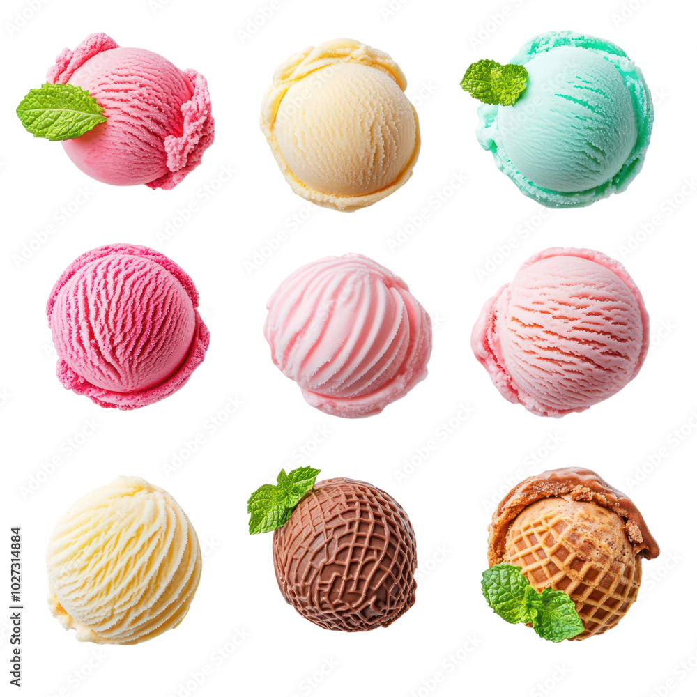 Colorful Top View Collection of Delicious Ice Cream Scoops in Various Flavors and Textures Colorful Top View Collection of Delicious Ice Cream Scoops in Various Flavors and Textures