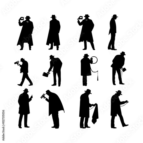 Detective with Magnifying Glass set Silhouette