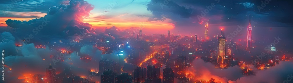 Fototapeta premium Aerial view of a vibrant fantasy city, illuminated with neon lights, swirling clouds above, diverse landscapes merging