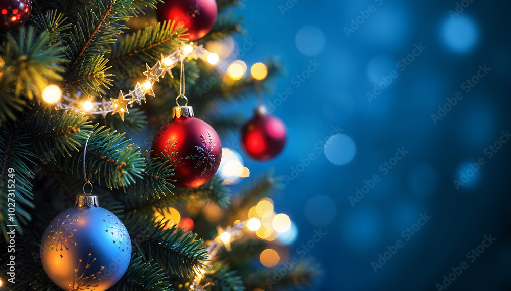 Fototapeta premium Close-up of a Christmas tree decorated with beautiful ornaments and glowing lights, on a colorful background. A festive christmas atmosphere.