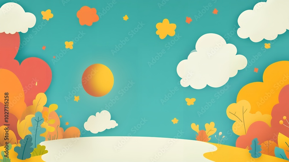 Colorful landscape with sun, clouds, and abstract plants in a paper cut style on a teal background. Cartoon-style digital illustration with place for text. Nature and children’s design concept. Design