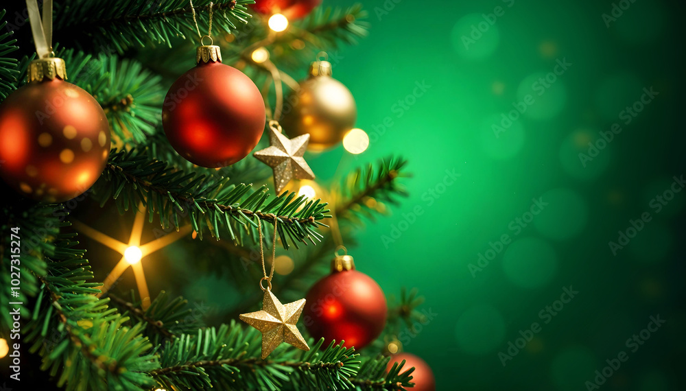 Close-up of a Christmas tree decorated with beautiful ornaments and glowing lights, on a colorful background. A festive christmas atmosphere. Close-up of a Christmas tree decorated with beautiful ornaments and glowing lights, on a colorful background. A festive christmas atmosphere.