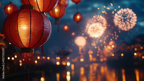 Red lanterns hang in the air, with fireworks exploding above a blurry night scene.