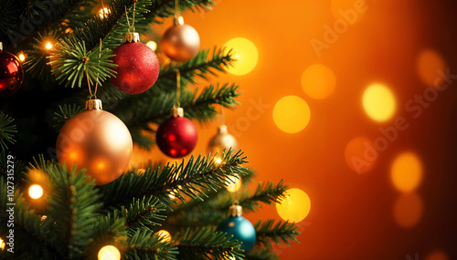 Close-up of a Christmas tree decorated with beautiful ornaments and glowing lights, on a colorful background. A festive christmas atmosphere.