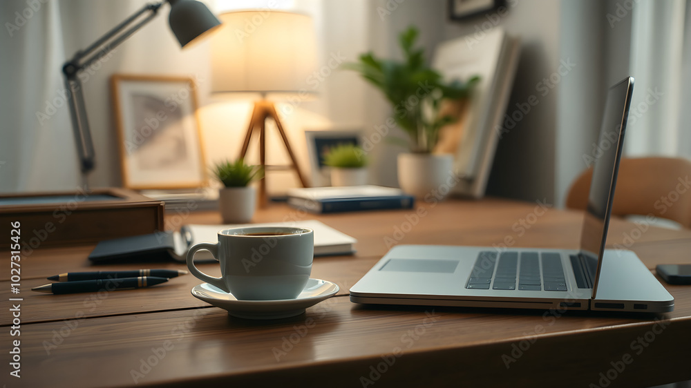 A laptop is on a wooden desk with a white coffee cup on a saucer A laptop is on a wooden desk with a white coffee cup on a saucer