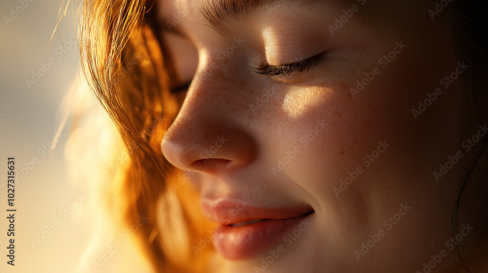 Portrait of a woman, Three-quarters view of a woman smiling softly, illuminated by diffused window light. Sunlight highlights her smooth skin, with focus on her eyes and lips Portrait of a woman, Three-quarters view of a woman smiling softly, illuminated by diffused window light. Sunlight highlights her smooth skin, with focus on her eyes and lips