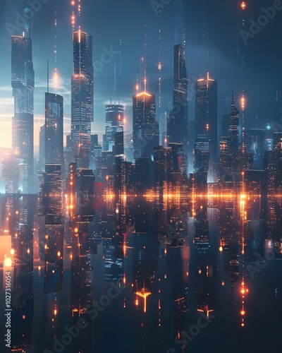 Futuristic Cityscape with Holographic Skyscrapers Illuminating the Night Sky