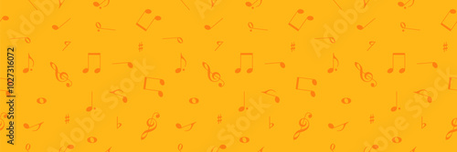 Music notes seamless pattern web banner, vector background