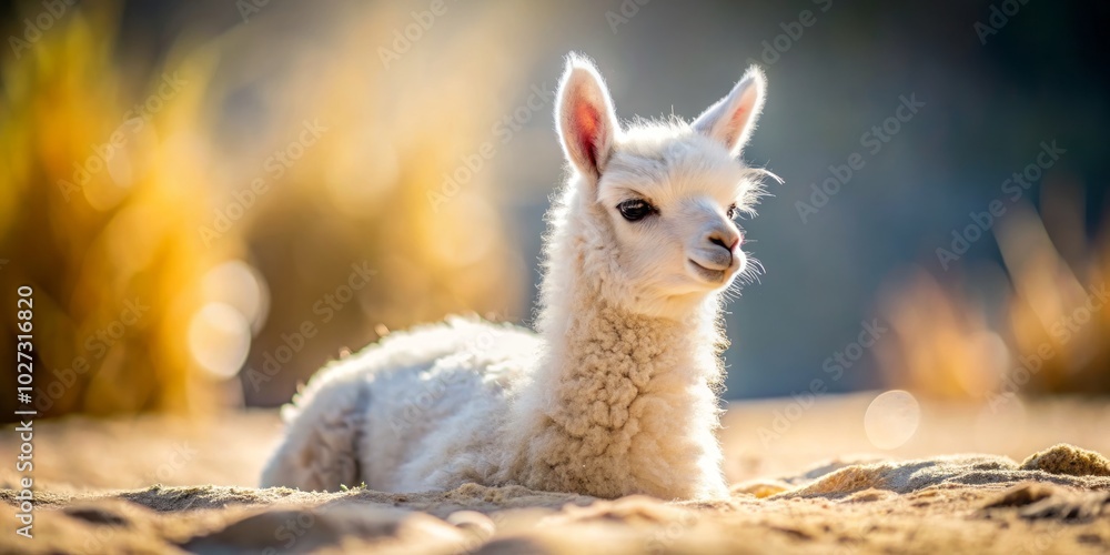 Fototapeta premium Charming baby white llama lounging in warm sand, captured in tilt-shift photography. This playful scene radiates tranquility and innocence, perfect for animal lovers.